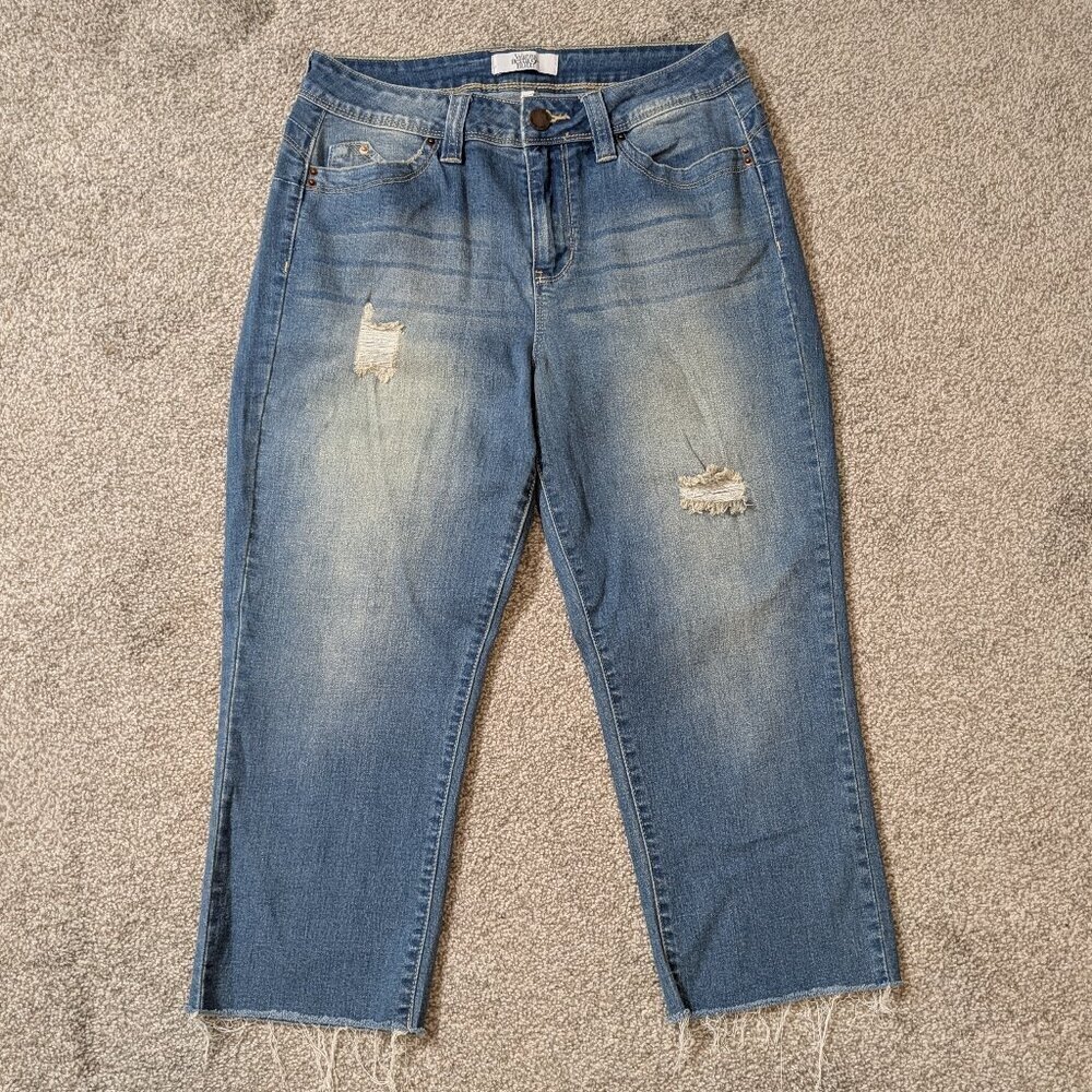 YMI Wanna Betta Butt? Blue Grunge Distressed Stretch Denim Crop Jeans; Size 9/29